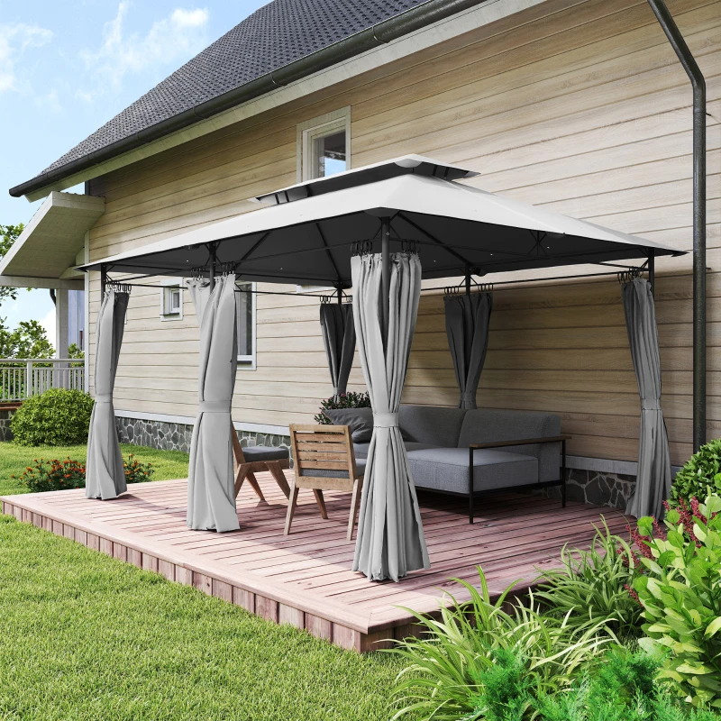 Outsunny 10' x 13' Double Roof Patio Gazebo, Outdoor Gazebo with Curtains, for Garden, Lawn, Backyard and Deck, Dark Grey
