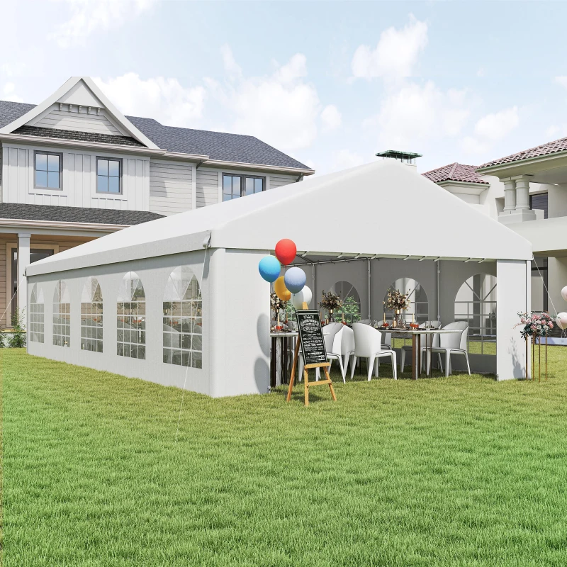 Outsunny 32'x16' Large Patio Gazebo, Steel Party Event Wedding Tent Canopy Carport Garage W/ 4 Removable Sidewalls for Outdoor Parking, White