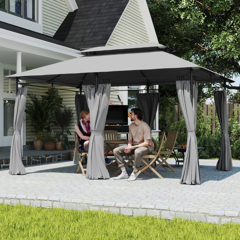 Outsunny 10' x 13' Double Roof Patio Gazebo, Outdoor Gazebo with Curtains, for Garden, Lawn, Backyard and Deck, Dark Grey