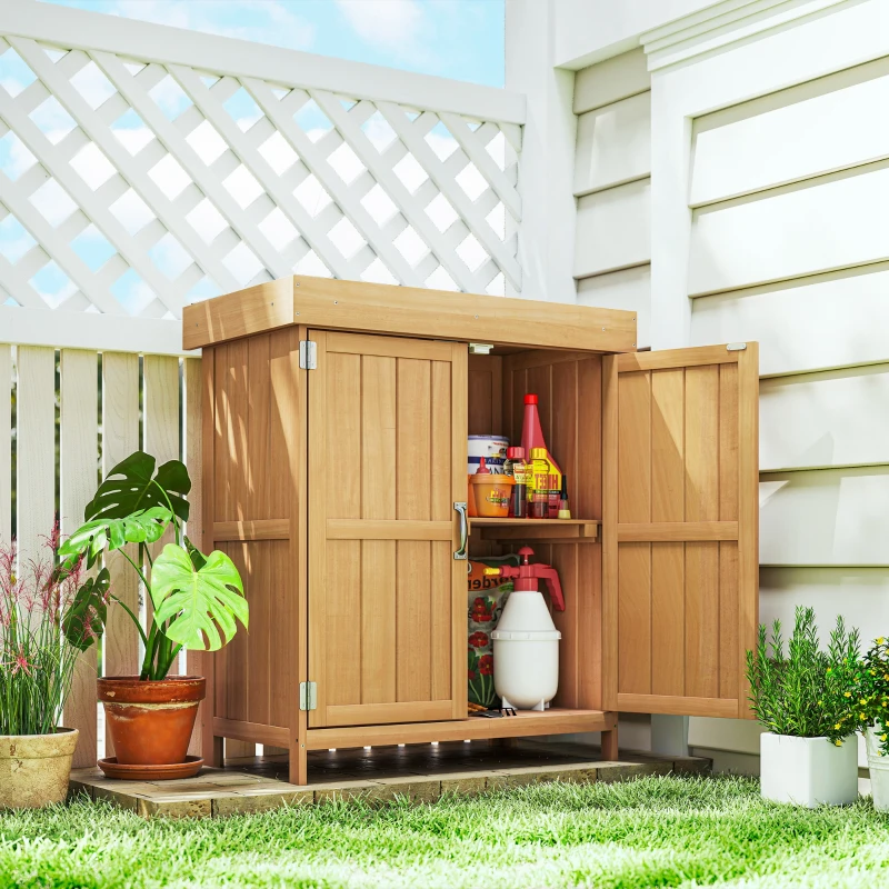 Outsunny Wooden Garden Tool Storage Shed Kit with Hinged Roof, 2-Tier Shelves and Double Doors, 74x43x88cm, Natural Wood