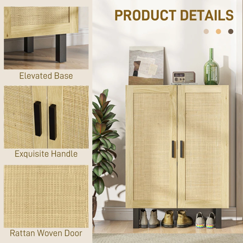 HOMCOM Boho Kitchen Cabinet, Buffet Cabinet with 2 Rattan Doors and Adjustable Shelves for Dining Room, Black and Natural