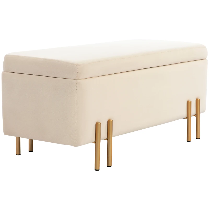 HOMCOM Storage Ottoman Bench, Flip-Top Bedroom Bench, 18.5 Gallons, Modern Velvet Storage Chest with Metal Legs, Beige