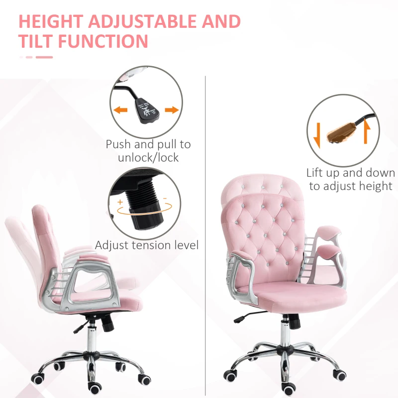 Vinsetto Office Chair, Computer Desk Chair with Adjustable Height and Tufted Back, Pink