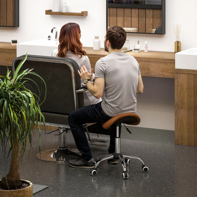 HOMCOM Cosmetic Stool 360° Rotate Height Adjustable Salon Massage Spa Chair Hydraulic Rolling Faux Leather Saddle Stool, Brown