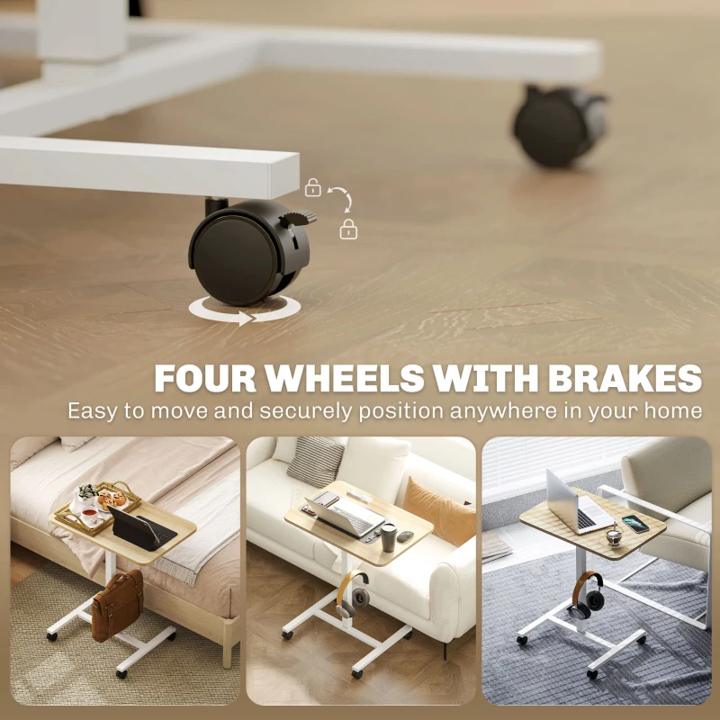 HOMCOM Height Adjustable Standing Desk, Pneumatic Sit Stand Desk with Wheels and Headphone Hook for Home Office, Natural