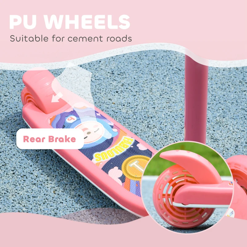 Qaba 3 Wheel Kids Scooter, Toddler Kick Scooter with Adjustable Height, Rear-Fender Brake, LED Light, TPE Handlebar, Pink