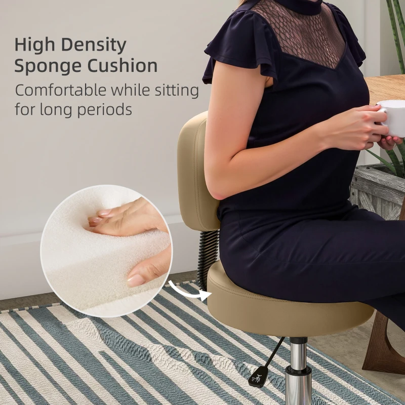 HOMCOM PU Leather Adjustable Rolling Stool, Round Swivel Drafting Stool with Back, Wheels, Light Brown