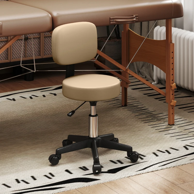 HOMCOM PU Leather Adjustable Rolling Stool, Round Swivel Drafting Stool with Back, Wheels, Light Brown