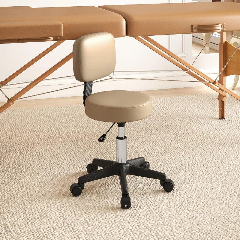 HOMCOM PU Leather Adjustable Rolling Stool, Round Swivel Drafting Stool with Back, Wheels, Light Brown