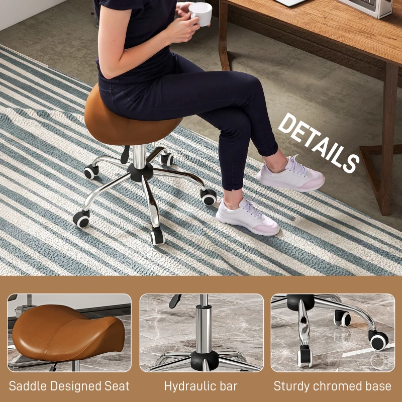 HOMCOM Cosmetic Stool 360° Rotate Height Adjustable Salon Massage Spa Chair Hydraulic Rolling Faux Leather Saddle Stool, Brown