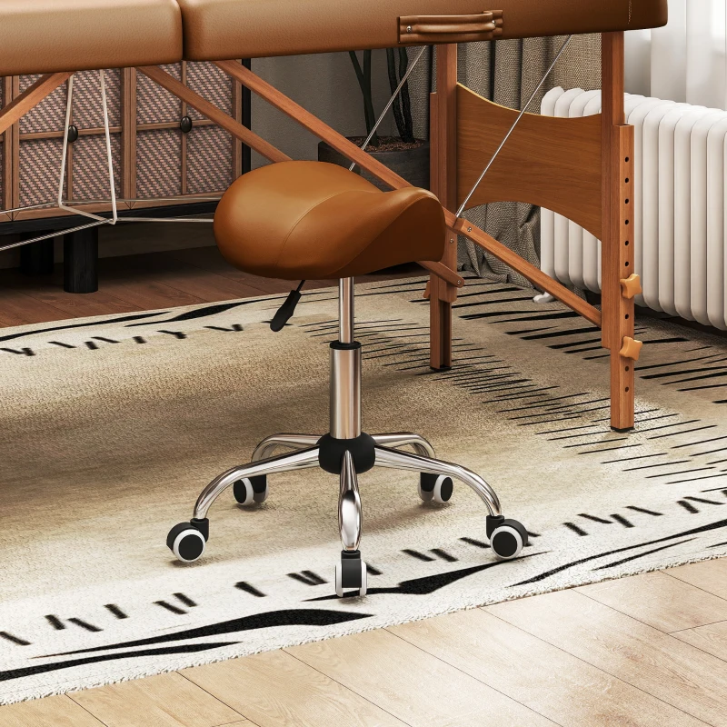 HOMCOM Cosmetic Stool 360° Rotate Height Adjustable Salon Massage Spa Chair Hydraulic Rolling Faux Leather Saddle Stool, Brown