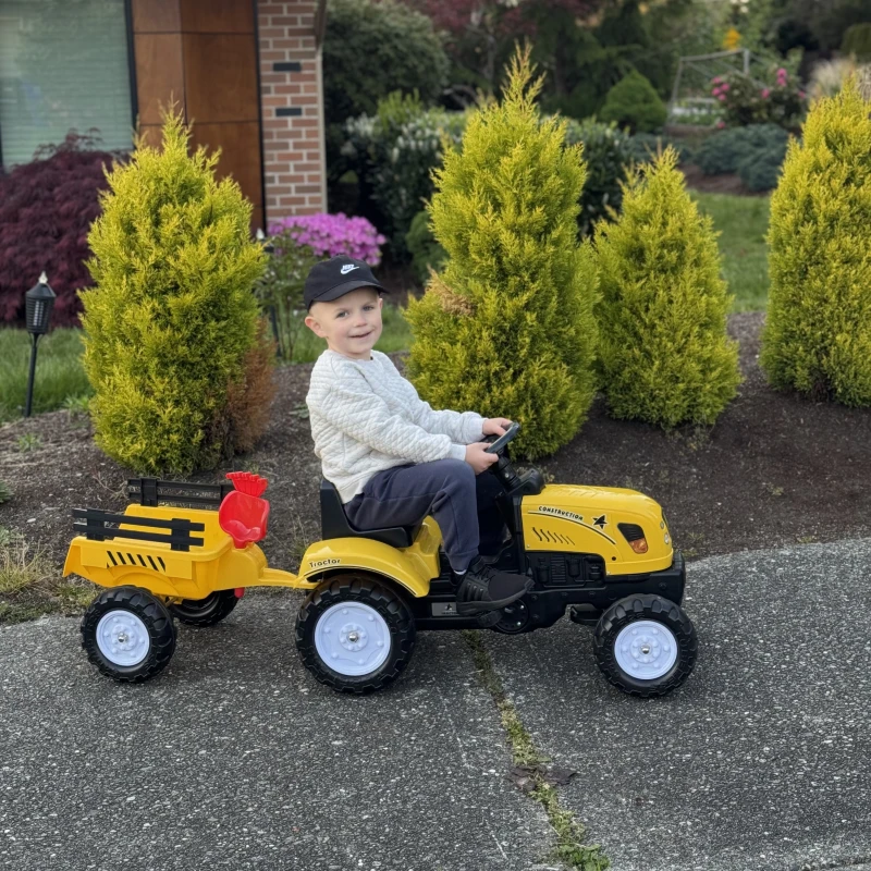 Aosom Kids Ride on Tractor with Back Trailer, Shovel & Rake, Horn, Pedal Go Kart for 3 Years Old, Yellow(m-13)