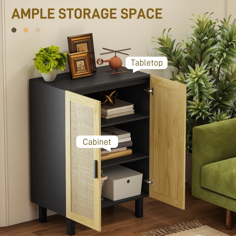 HOMCOM Boho Kitchen Cabinet, Buffet Cabinet with 2 Rattan Doors and Adjustable Shelves for Dining Room, Black and Natural