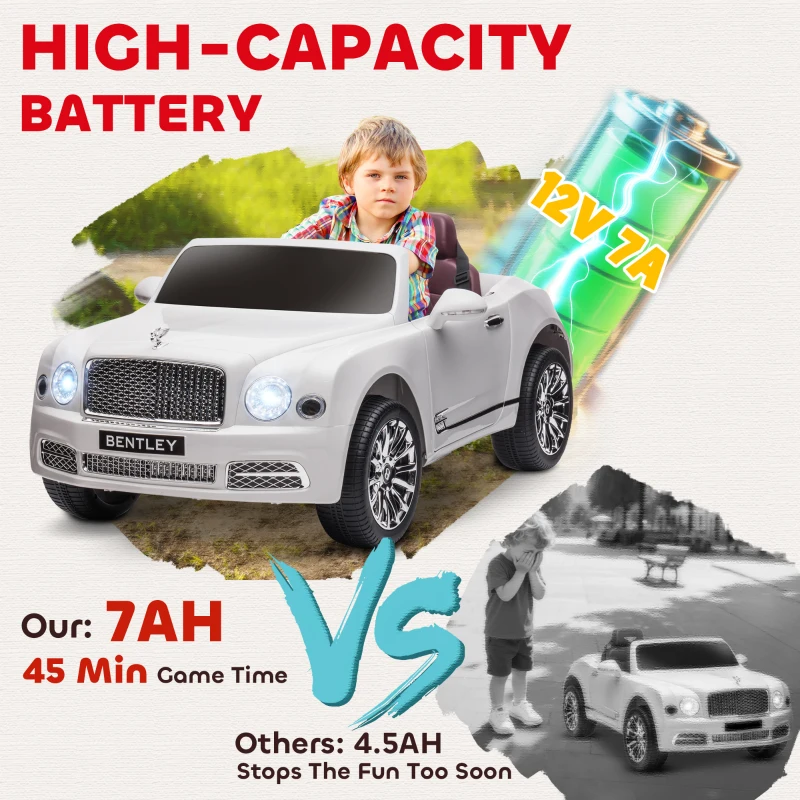 Aosom Bentley Mulsanne 12V Ride on Car, Battery Powered Car with Remote Control, Suspension, Startup Sound, LED Lights, MP3, Horn, Music, Forward and Backward, 2 Motors, White