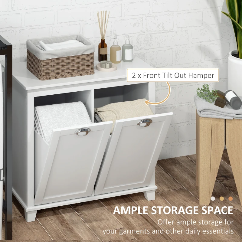 HOMCOM Dual Tilt out Laundry Hamper Cabinet, Bathroom Storage Cabinet with 2-Compartment Hamper, Modern Bathroom Floor Cabinet for Washroom, White(m-4)