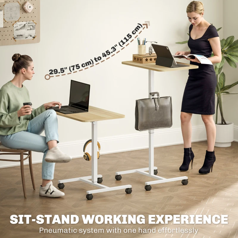 HOMCOM Height Adjustable Standing Desk, Pneumatic Sit Stand Desk with Wheels and Headphone Hook for Home Office, Natural