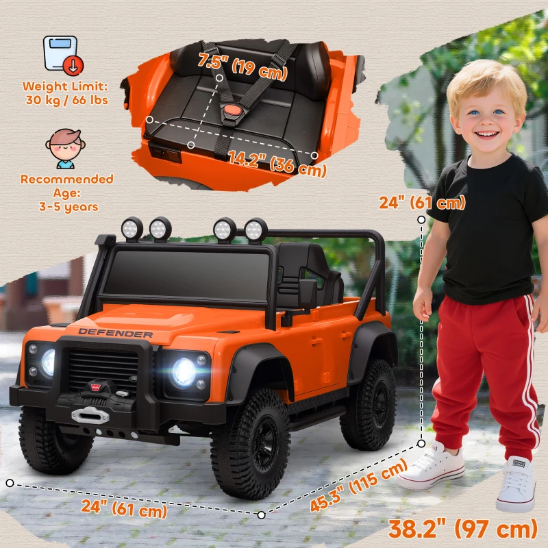 Qaba Land Rover Licensed Kids Ride on Truck with Remote Control, Spring Suspension, LED Lights, 3 Speed for Ages 3-5, Orange