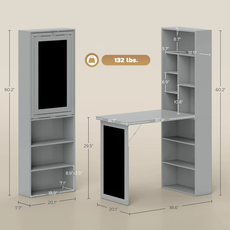 HOMCOM Fold-out Convertible Office Desk, Wall Mount Computer Desk with Blackboard and Side Shelf, Charcoal Gray