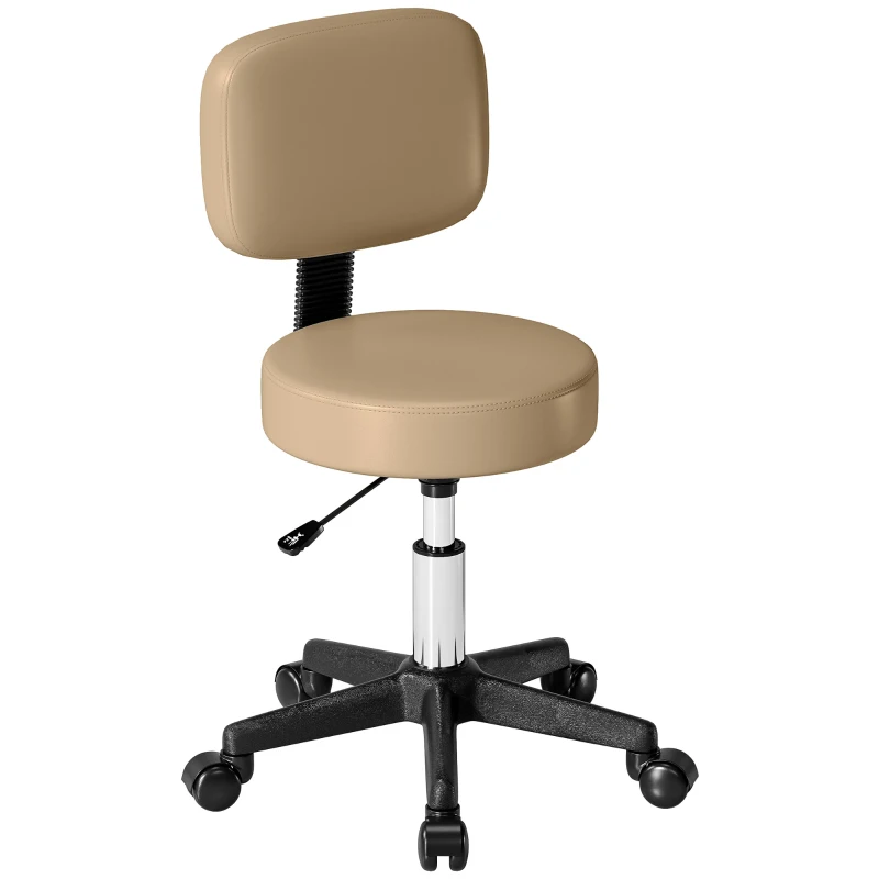 HOMCOM PU Leather Adjustable Rolling Stool, Round Swivel Drafting Stool with Back, Wheels, Light Brown