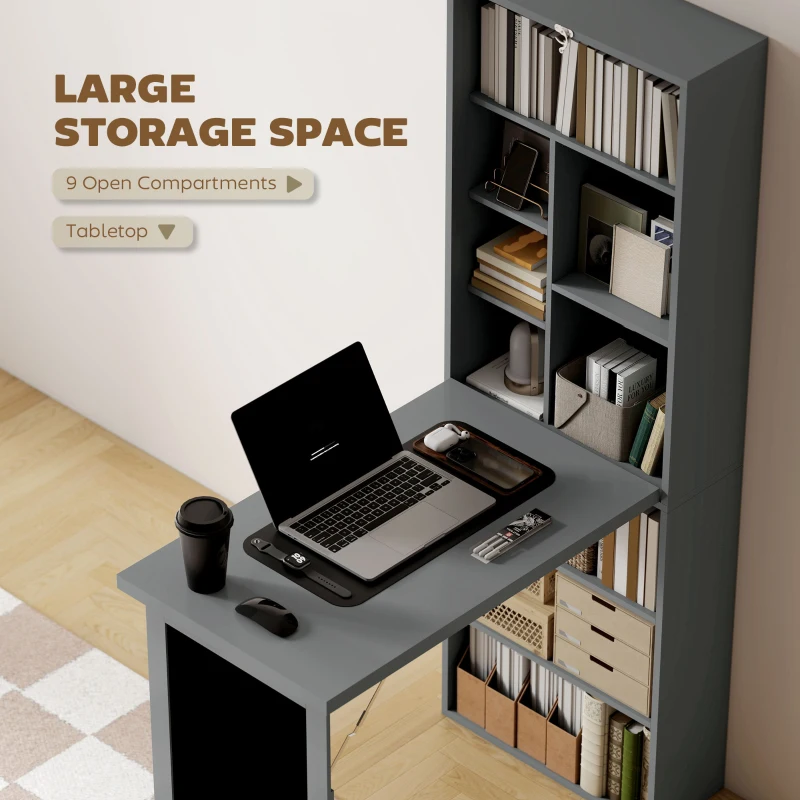 HOMCOM Fold-out Convertible Office Desk, Wall Mount Computer Desk with Blackboard and Side Shelf, Charcoal Gray
