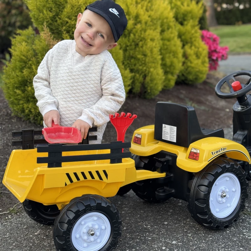 Aosom Kids Ride on Tractor with Back Trailer, Shovel & Rake, Horn, Pedal Go Kart for 3 Years Old, Yellow(m-12)