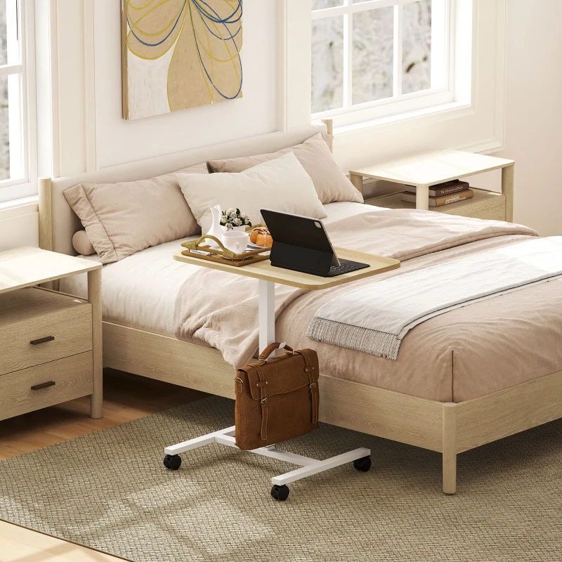 HOMCOM Height Adjustable Standing Desk, Pneumatic Sit Stand Desk with Wheels and Headphone Hook for Home Office, Natural