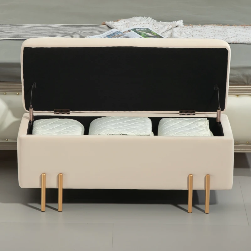 HOMCOM Storage Ottoman Bench, Flip-Top Bedroom Bench, 18.5 Gallons, Modern Velvet Storage Chest with Metal Legs, Beige