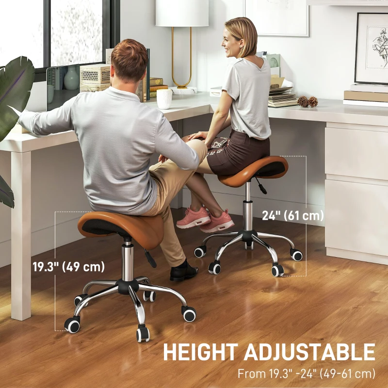 HOMCOM Cosmetic Stool 360° Rotate Height Adjustable Salon Massage Spa Chair Hydraulic Rolling Faux Leather Saddle Stool, Brown