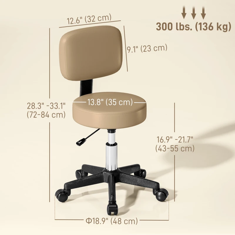 HOMCOM PU Leather Adjustable Rolling Stool, Round Swivel Drafting Stool with Back, Wheels, Light Brown