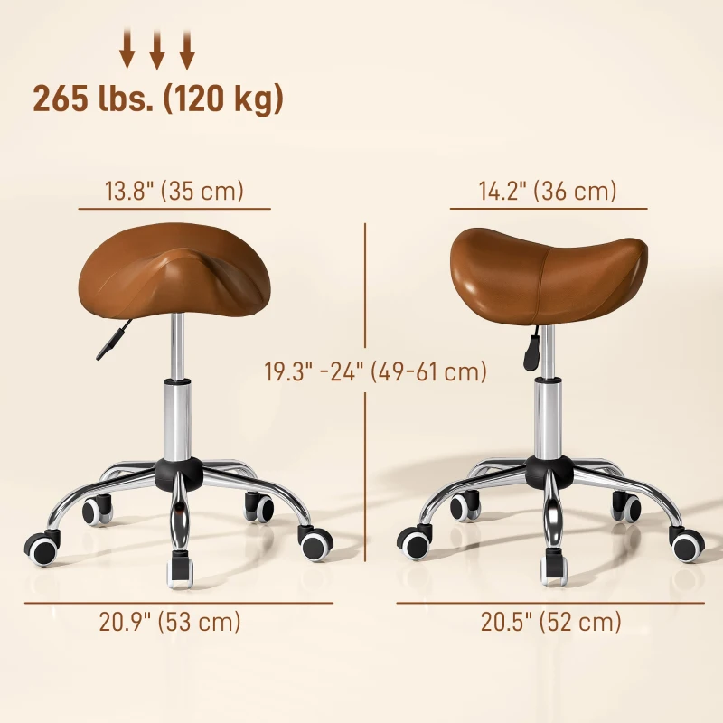 HOMCOM Cosmetic Stool 360° Rotate Height Adjustable Salon Massage Spa Chair Hydraulic Rolling Faux Leather Saddle Stool, Brown