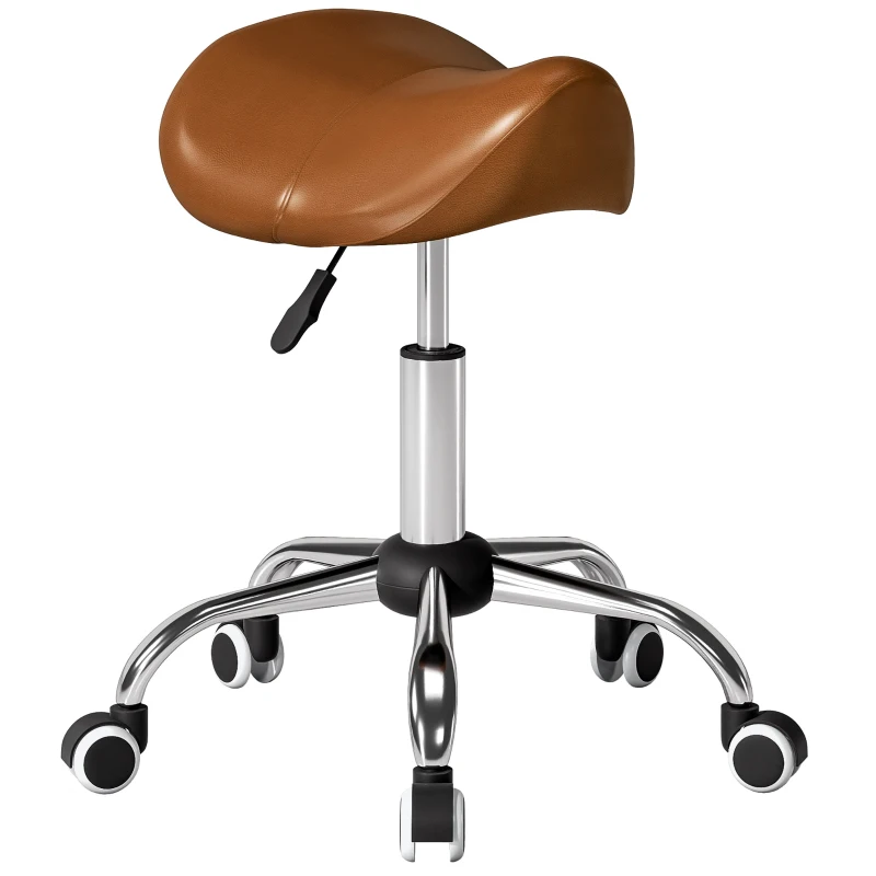 HOMCOM Cosmetic Stool 360° Rotate Height Adjustable Salon Massage Spa Chair Hydraulic Rolling Faux Leather Saddle Stool, Brown