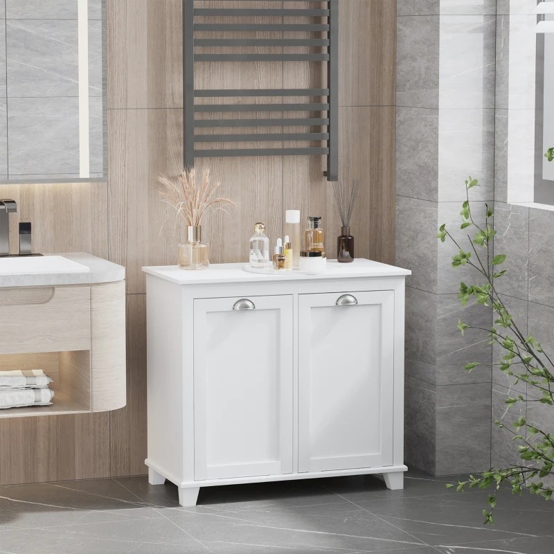 HOMCOM Dual Tilt out Laundry Hamper Cabinet, Bathroom Storage Cabinet with 2-Compartment Hamper, Modern Bathroom Floor Cabinet for Washroom, White(m-2)