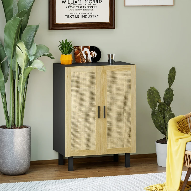 HOMCOM Boho Sideboard, Buffet Cabinet with Storage, Accent Cabinet with 2 Rattan Doors and Adjustable Shelves, Black