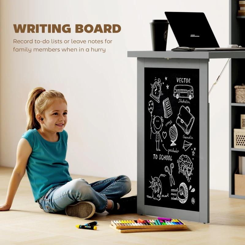 HOMCOM Fold-out Convertible Office Desk, Wall Mount Computer Desk with Blackboard and Side Shelf, Charcoal Gray