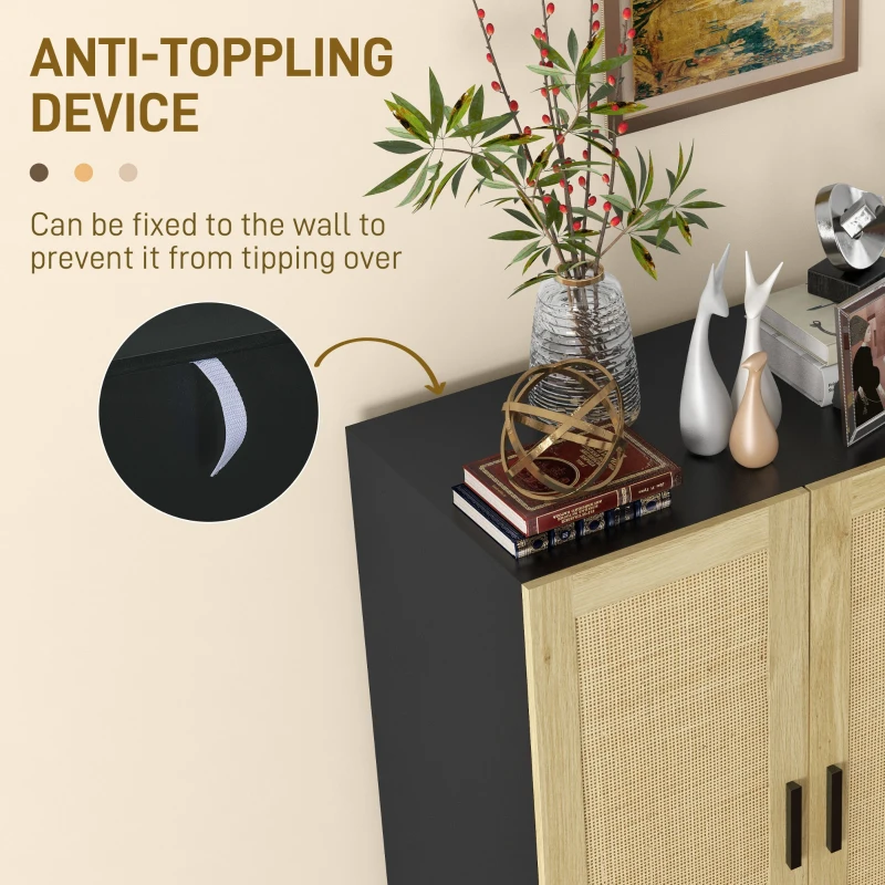 HOMCOM Boho Kitchen Cabinet, Buffet Cabinet with 2 Rattan Doors and Adjustable Shelves for Dining Room, Black and Natural