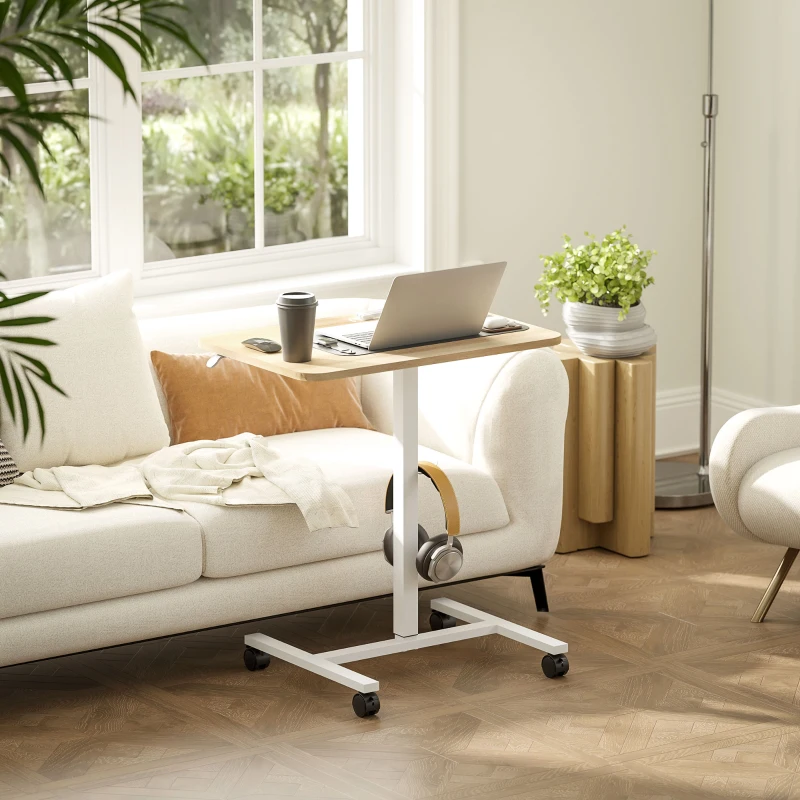 HOMCOM Height Adjustable Standing Desk, Pneumatic Sit Stand Desk with Wheels and Headphone Hook for Home Office, Natural