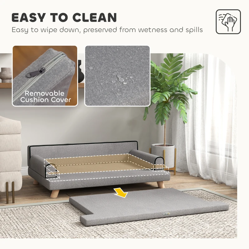 PawHut Elevated Dog Sofa Bed, Cat Couch with Cushion, Washable Cover, Wooden Legs, for Medium & Large Dogs, Light Grey