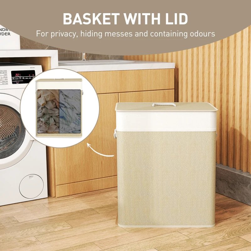 HOMCOM Double Laundry Basket with Lid, 26.4 Gallon Bamboo Laundry Hamper with Rope Handles and Removable Liner, Natural