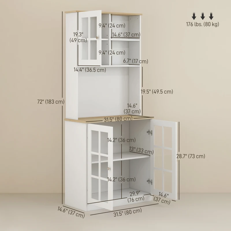 HOMCOM Kitchen Pantry, Buffet with Hutch with 3 Storage Cabinets, 2 Open Shelves and Large Countertop, White