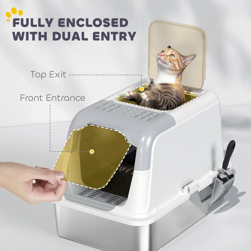PawHut Extra Large Stainless Steel Litter Box, Enclosed Kitty Litter Box for Big Cats with Scoop, Deodorizer Bag