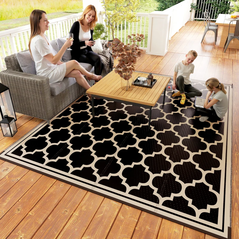 Outsunny 9'x12' Reversible Outdoor RV Rug, Patio Floor Mat, Plastic Straw Rug for Backyard, Deck, Beach, Camping, Black