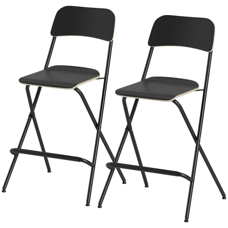 HOMCOM Folding Bar Stools Set of 2, Counter Height Foldable Stool with Wooden Effect Seat and Steel Frame for Kitchen, Black
