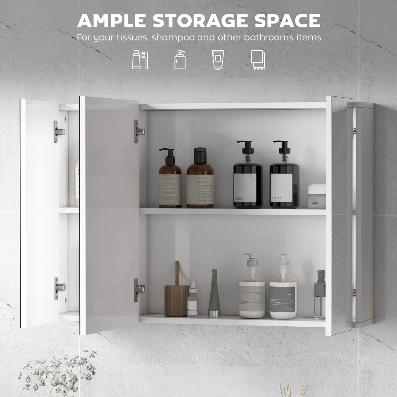 kleankin 35" x 24" Wall Mounted Mirror Cabinet, Bathroom Medicine Cabinet with Mirror, 3 Doors and Adjustable Shelves, White