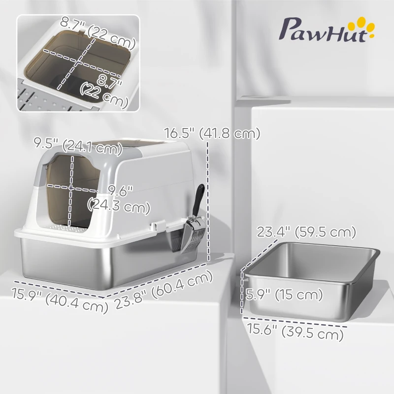 PawHut Extra Large Stainless Steel Litter Box, Enclosed Kitty Litter Box for Big Cats with Scoop, Deodorizer Bag