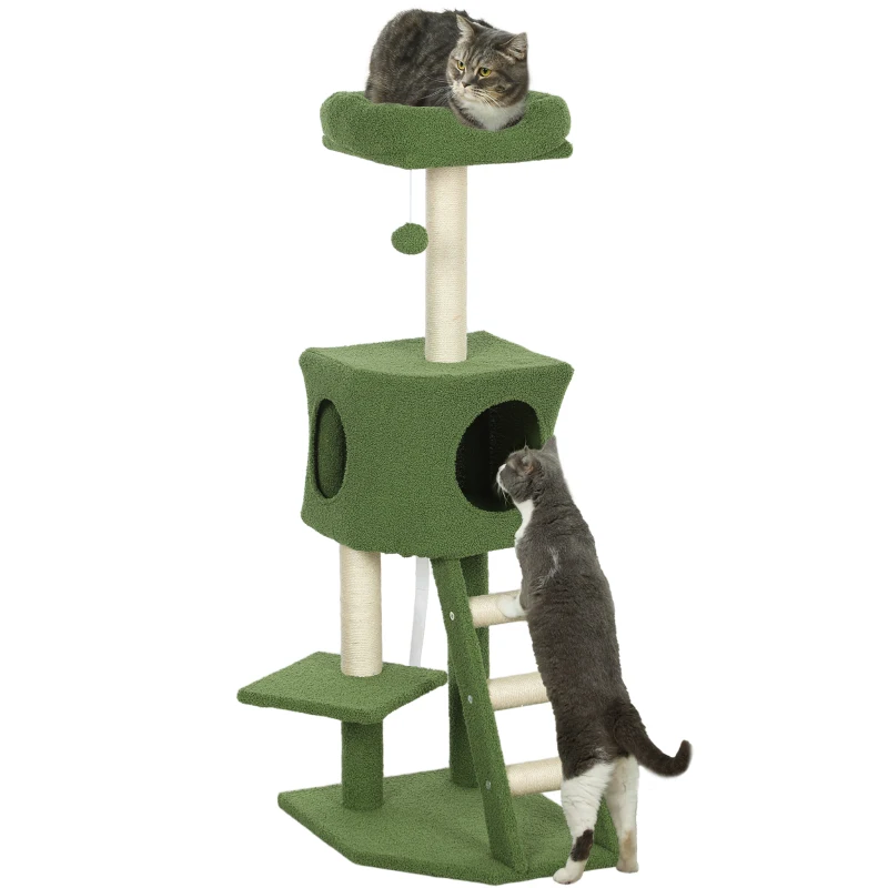 PawHut 47" Tall Cat Tree Tower with Condo, Ladder, Scratching Posts and Hanging Ball, Green