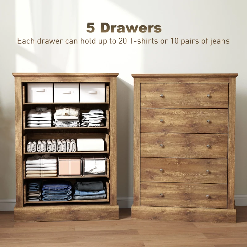HOMCOM 31" Wide Farmhouse Chest of Drawers with 5 Drawers, Dresser for Bedroom with Wood Top for Living Room, Brown
