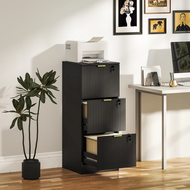 HOMCOM Lockable Filing Cabinet with 3 Fluted Drawers, File Cabinet with Adjustable Hanging Rails for A4 Letter Files, Black