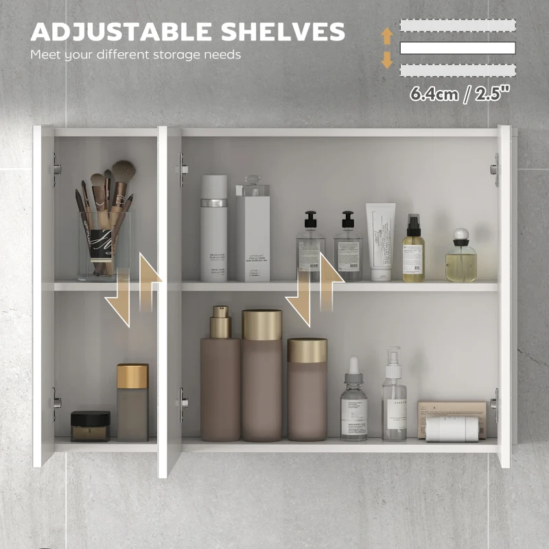 kleankin 35" x 24" Wall Mounted Mirror Cabinet, Bathroom Medicine Cabinet with Mirror, 3 Doors and Adjustable Shelves, White