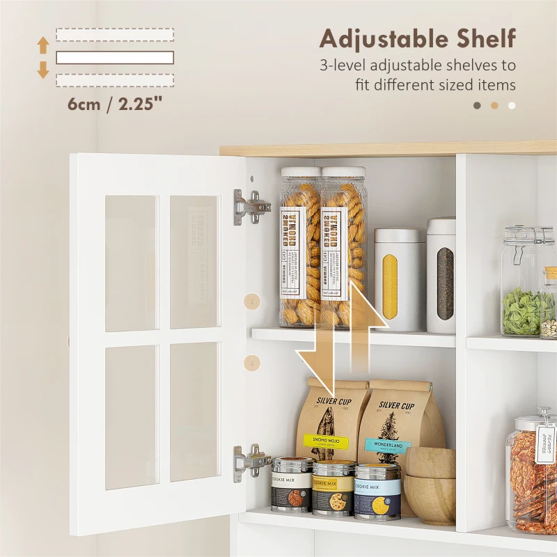 HOMCOM Kitchen Buffet with Hutch, Storage Pantry with 3 Cabinets, 2 Open Shelves and Large Countertop, White(m-6)