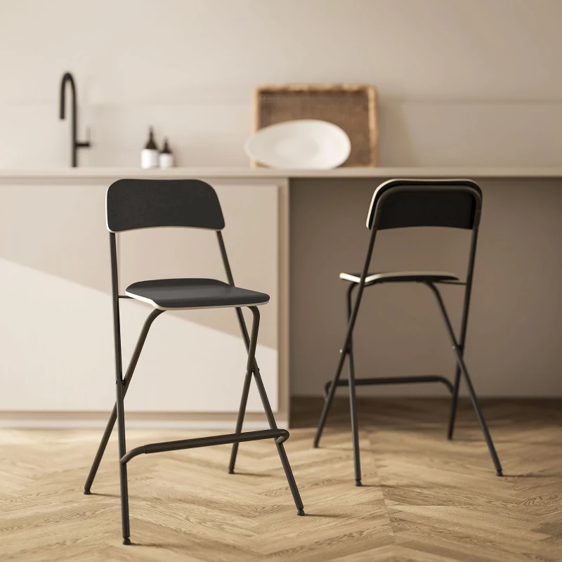 HOMCOM Folding Bar Stools Set of 2, Counter Height Foldable Stool with Wooden Effect Seat and Steel Frame for Kitchen, Black